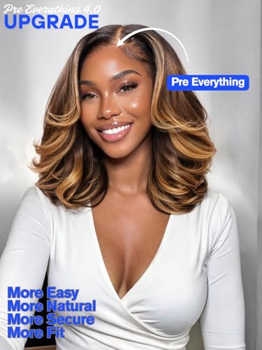 Ombre Brown Wavy Bob Wig 14 Inch with Blonde Face Framing Highlights Nadula 7x5 HD Lace Drawstring Human Hair — Pre-Plucked, Glueless, No Slip, Ready to Wear