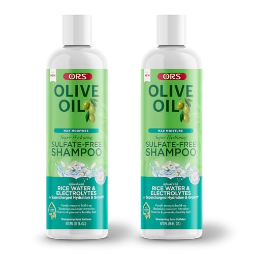 ORS Olive Oil Max Moisture Super Hydrating Sulfate-Free Shampoo, Infused with Rice water and Electrolytes for Supercharged Hydration & Growth 16.0 Ounce (Pack of 2)