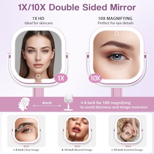 Unbednigt 1X/10X Magnifying Makeup Mirror with Lights - Cordless, Adjustable Height & 3 Color Temperatures