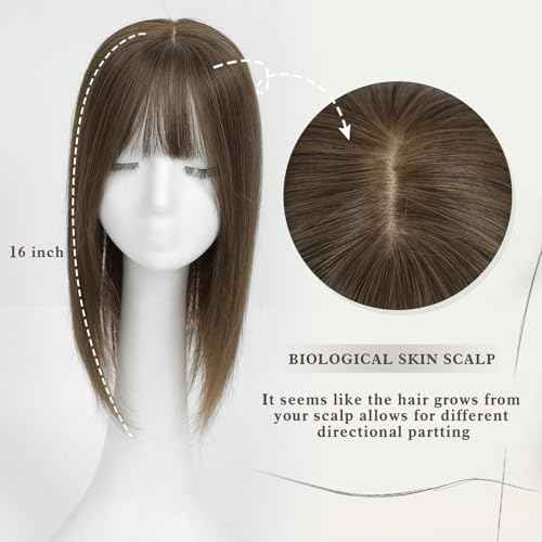 Hair Toppers for Women - 16inch Real Human Hair With Bangs, 8x8inch Skin Scalp Big Base Cover for Thinning or Hair Loss - Remy Top Pieces Wiglets