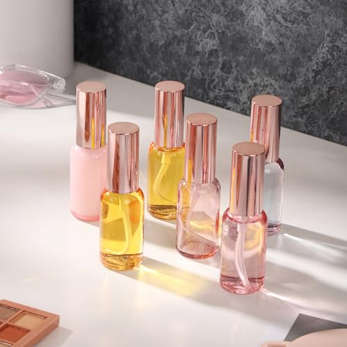 24 pack 1oz Pink Glass Spray Bottles Refillable Empty Perfume Pump Sprayer Mini Pink Fine Mist Atomizer with Rose Gold Lid for Body Essential Oils