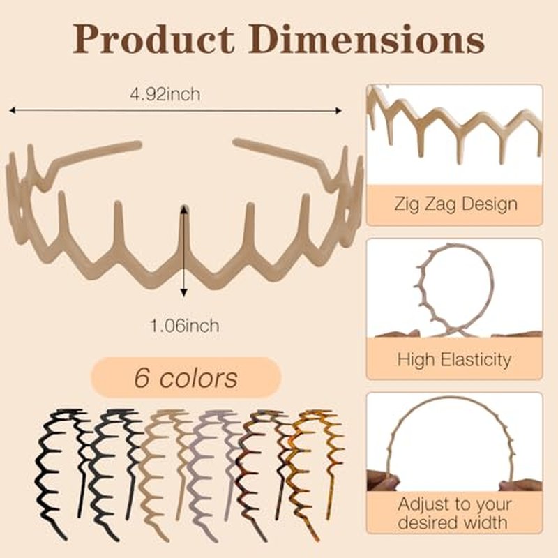 6-Pack Zig Zag Headbands for Women with Non-Slip Teeth