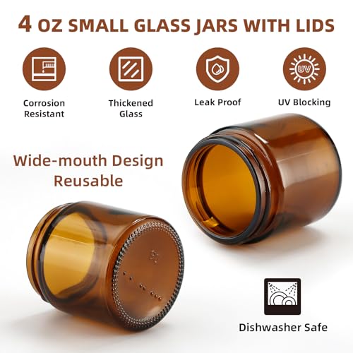 12 Pack 4oz Amber Glass Jars with Lids - Airtight & UV-Protective