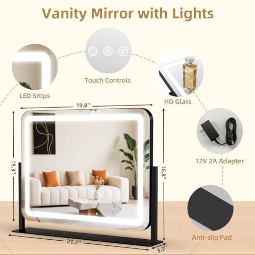 GioeDa Lighted Makeup Vanity Mirror 22x17 with 10X Magnification, Dimmable Color Lighting, Touch Control, 360° Rotation, Black