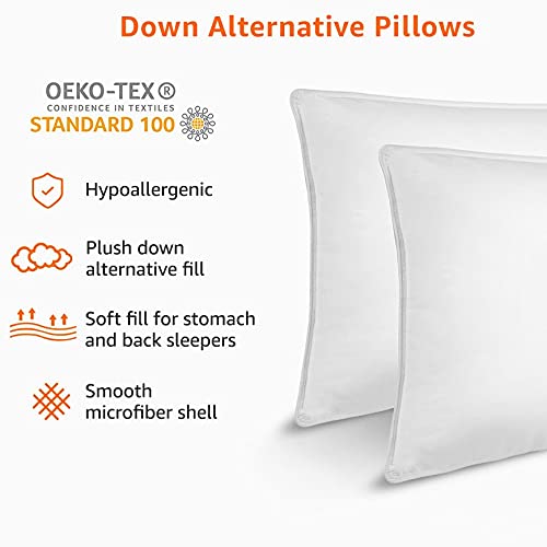 Amazon Basics Down Alternative Bed Pillows, Medium Density For Back and Side Sleepers, King, 2-Pack, White, 36 in L x 20 in W