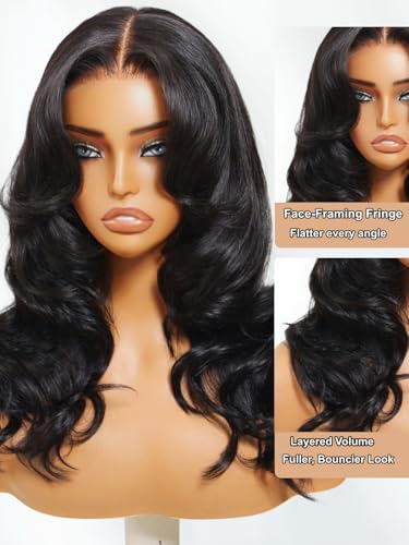 UNICE 16 Inch Black Butterfly Cut Body Wave Lace Front Wig with Face Framing Layers and Drawstring, 180% Density