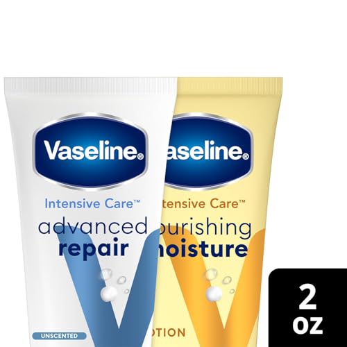 Vaseline Intensive Care Lotion Bundle ? Advanced Repair Unscented Formula and Nourishing Moisture Hand and Body for Extremely Dry Skin, 2 OZ Ea (2 Piece Set)