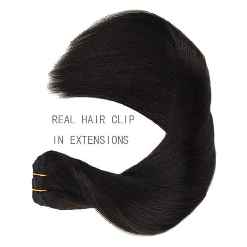 Clips in Hair Extensions Human Hair AILICEEHR Seamless Human Hair Clips in Hair Extensions Natural Black 90g 18inch 8pcs Double Weft Thick Straight.