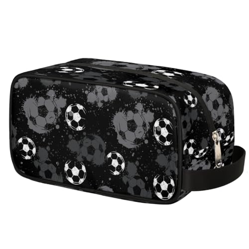 Kids Travel Toiletry Bag - Black White Soccer Ball Waterproof Hanging Cosmetic Hygiene Bags for Boys Men - Large Shave Kit for Toiletries Accessories Bathroom Stuff
