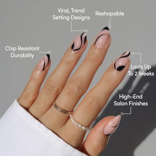 Glamnetic Ink Wave Press-On Nails | Short Almond Black Swirl Design