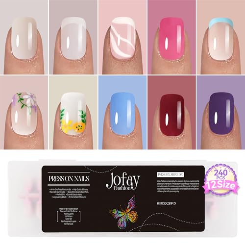 10 Packs (240 Pcs) Nail Tips Soft Gel Acrylic Nail Set Jofay Fashion Nude Pink Flower French Tip Press on Nails, Short Square Fake Nails Glue On Nails with Design Full Cover Nail Kit Salon Manicure