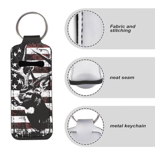 Baxinh Deer Printed Lipstick Holder Keychain for Women, American Flag Lip Balm Holder Keychain, Clip-on Chapstick Holder Keychain Lip Gloss Sleeve