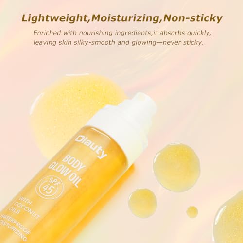 Sunscreen Body Oil,SPF 45,Sun Shield Sheer Body Glow Oil,Lightweight Soft Glowing Lotion,Moisturizing Coconut Oils,Waterproof Non Sticky Shimmer Skin Moisturizer Beach Travel Essentials (#01 Gold)