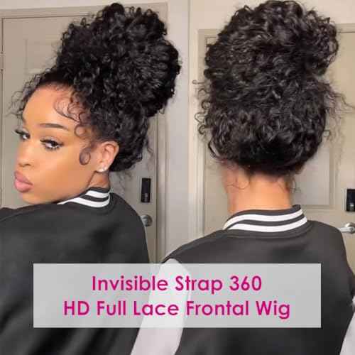 Pizazz Hidden Strap 360 Full Lace Frontal Wigs Human Hair Pre Plucked Pre Bleached 180 Density Glueless Water Wave Human Hair Wigs with Drawstring (Black, 22 Inch)