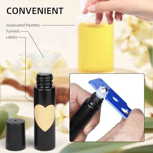 10ML Glass Essential Oil Roller Bottles,24 Pack black Oil Roller Bottles for Essential Oils, refillable rollerball bottle(24 Labels, Opener, Funnel, Dropper Included)