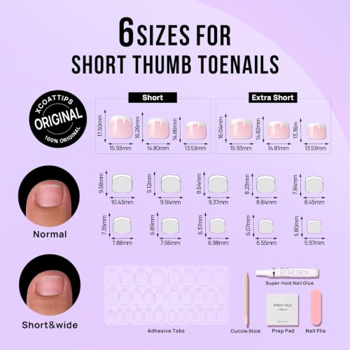BTArtbox Press On Toenails - Short Squoval French Tip Gel Kit (32 Pcs)