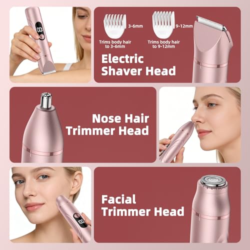 Bikini Trimmer for Women 3 in 1 Electric Shaver Razors Nose Hair Trimmer Waterproof Pubic Hair for Underarm Leg Arm Body (Rose Gold)