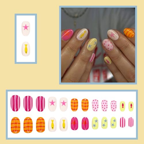 24 Pcs Summer Press On Nails - Striped Ocean Fish Design