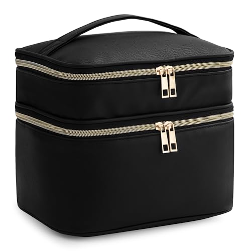 HBlife Double Layer Travel Makeup Bag Portable Cute Leather Cosmetic Bag Large Make Up Bag Makeup Case Organizer Toiletry Bag for Women Girls with Handle and Removable Divider(Black)