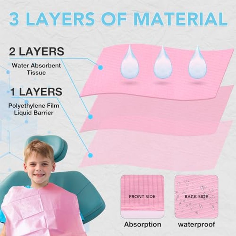 200 Pack Disposable Dental Bibs 13"x18" Waterproof 3-Ply Pink
