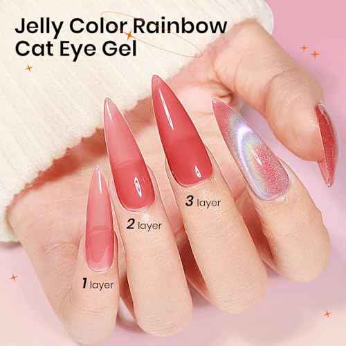 Cat Eye Gel Nail Polish Set With Magnetic, 5 Colors Translucent Nude Pink White Jelly Gel, Universal Rainbow Cat Eye, Glitter Holographic for Home DIY Manicure