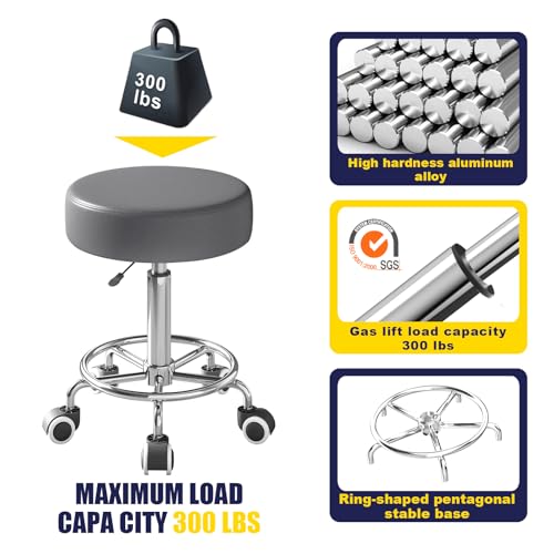 Rolling Stool, Heavy Weight Capacity 250lb, PU Leather Rolling stools, Ultra Soft Padded Seat, Rolling Stools with Wheels and Footrest, 360¡Æ Swivel, Spa Drawing Salon Work Office Tattoo Stool (Grey)