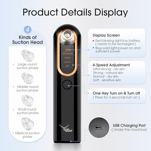 Yccu Blackhead Remover Vacuum Pore Extractor - 4 Modes, 5 Heads, USB Rechargeable