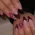 Medium Almond Red French Tip Press On Nails with Rhinestones - 24 Pcs