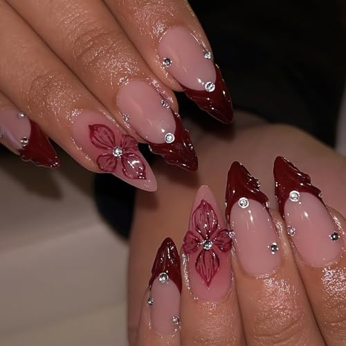 Medium Almond Red French Tip Press On Nails with Rhinestones - 24 Pcs
