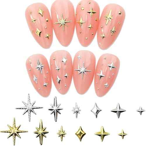 400pcs Gold Silver Star Nail Charms - 3D Star Nail Jewelry Rhinestones Supplies Accessories for Women Girls