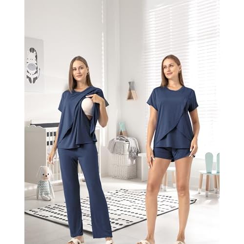 Rnxrbb 3 Piece Postpartum Nursing Pajamas Set Casual Soft Maternity Breastfeeding Pjs Sleepwear Loungewear Clothes Layer