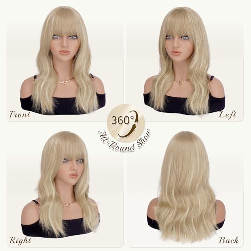 Haloo 19-Inch Blonde Wavy Wig with Bangs - Heat Resistant Synthetic Hair