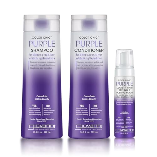 GIOVANNI Color Chic Purple Shampoo, Conditioner, & Styling & Toning Foam for Blonde, Gray, Silver & Bleached Hair, Reduces Brass Tones, Adds Shine, Vegan - 13.5 fl oz & 7 fl oz Mousse (Set of 3)