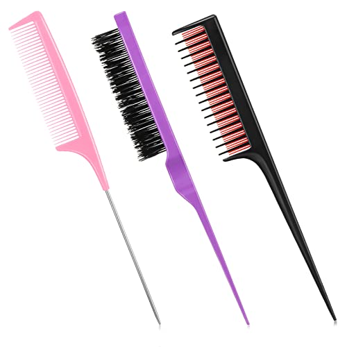 Patelai 3 Pieces Hair Styling Comb Set for Women's Back Combing - Teasing/Fluffy Brush, Rat Tail Comb, and Triple Combing Comb (Purple, Pink, Red)