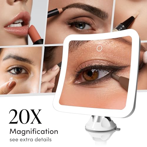 Fancii 20x Magnifying Makeup Mirror with LED Lights, Rechargeable, High Zoom | 7-inch Large Lighted Travel Mirror for Vanity and Bathroom, Dimmable, 3 Light Settings, Strong Suction, 360¡Æ Rotation