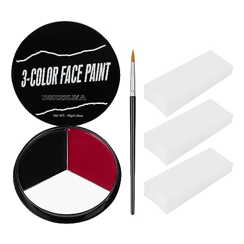 Black White Red Face Paint + 3PC Sponge + Brush, Colored Eye Black for Baseball Softball Sport Games, Body Painting Kit for Halloween Clown Makeup, Cosplay, Costume, SFX Special Effect, Theme Parties