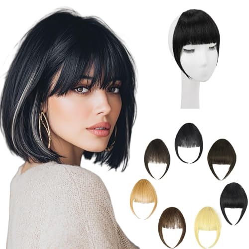 Human Hair Clip-in Bangs with Temples - Black Layered
