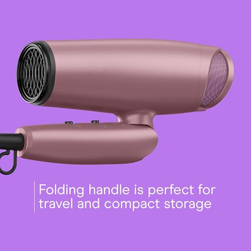 Conair Hair Dryer with Diffuser and Folding Handle, 1875W Travel Blow Dryer with Concentrator, Radiance Boost with Nano-Quartz Ceramic for Less Frizz, More Shine, and Silky Hair, Dusty Rose