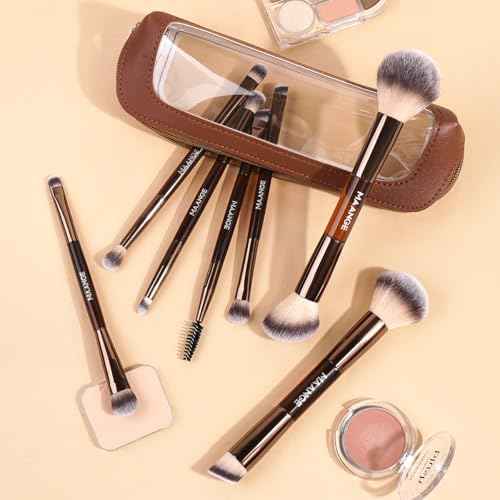 MAANGE 7 PCS Foundation Makeup Brush Set With Bag, Make up Brushes, Eyeshadow Concealer Brush, Double-ended Foundation Contour Powder Blush, Professional Face brush Set Tools For Liquid,Cream(Apricot)