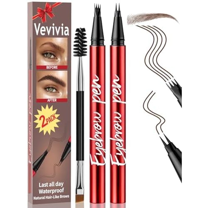 Vevivia 2 Pack Eyebrow Pen with Brush, 4 Tip&2 Tip Waterproof Eyebrow Pencils for Women, Microblading Eyebrow Pencils for All Brow Types to Create Hair-Like Brows,Non Dry Out, All-Day Wear,Dark Brown