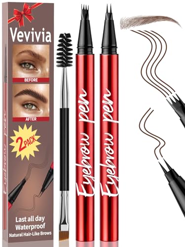 Vevivia 2-Pack Eyebrow Pen with Microblading Tips, Waterproof Dark Brown