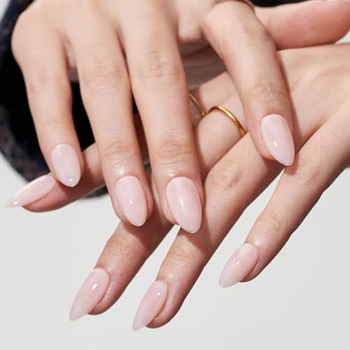 GLAMERMAID Press on Nails Short Almond, Spring Summer Handmade White Pearl Mermaid Jelly Gel Glue on Nails, Glazed Donut Glossy Short Stiletto Fake Nail Acrylic False Nails Kits for Women Gift