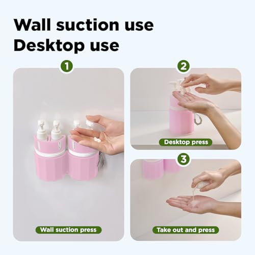 YOTIME 4 in 1 Travel Dispenser Bottle, Vacuum Silicone Suction Cup for Smooth Walls, TSA Approved Leak Proof Travel Size Containers for Toiletries, Shampoo, Body Wash and Conditioner, Pink