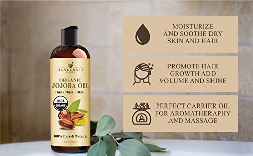 Handcraft Blends USDA Organic Jojoba Oil - 8 Fl Oz - 100% Pure and Natural - Premium Grade Oil for Face, Body and Hair - Anti-Aging Oil - Cold-Pressed and Hexane-Free - Packaging May Vary