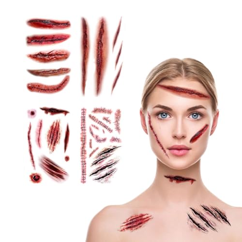 Halloween Body Face Scar Realistic Temporary Tattoos Sticker, Horror Realistic Fake Bloody Wound Stitch Scar Scab Waterproof Temporary Tattoo Sticker, Masquerade Prank Makeup Props