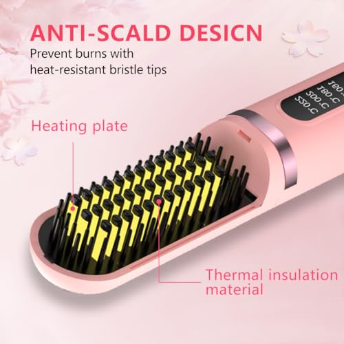 Cordless Hair Straightener Brush, Portable Mini Ionic Hot Comb, USB Rechargeable