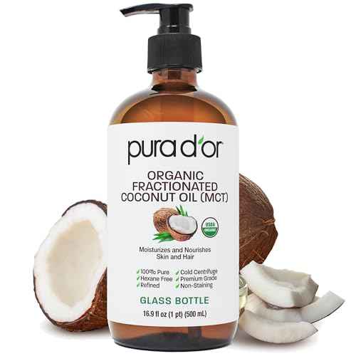 PURA D'OR 16.9 Oz ORGANIC Fractionated Coconut Oil MCT Oil (GLASS BOTTLE) 100% Pure & Natural USDA Certified Cold Pressed - Unscented, Hexane Free Moisturizer For Face, Skin & Hair Tonic - Men & Women