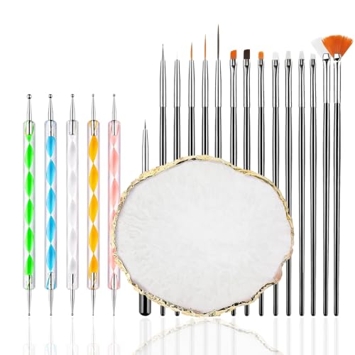 FULINJOY 21Pcs Nail Art Brushes & Dotting Tool Set with Resin Palette