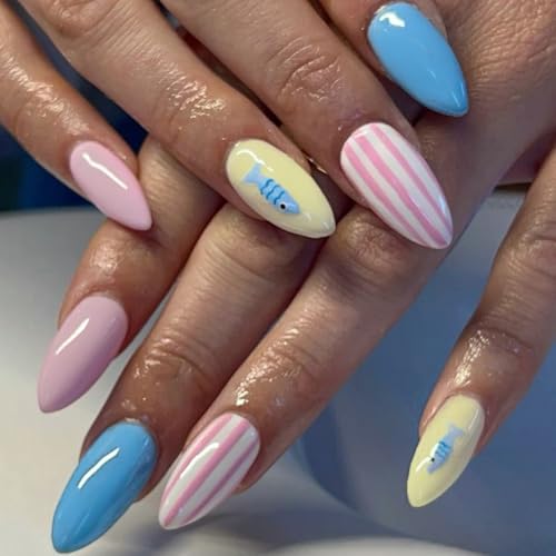 24 Pcs Summer Press On Nails - Medium Almond with Ocean Fish Design