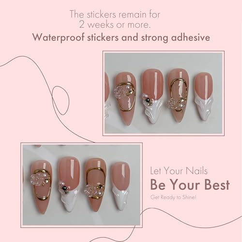 Sculpted Bloom Nude & White Elegant Press-On Nails, Gold Frame 3D Floral Luxury Bridal Nails for Wedding, 25mm Acrylic/UV Gel Classy Minimalist Nail Art (light pink, L)